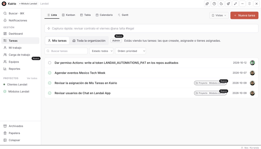 Kairio abierto sobre la aplicación del cliente, vista Tareas
